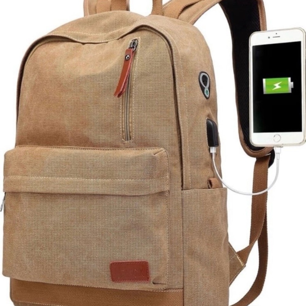 Tan Backpack with USB Charging Port